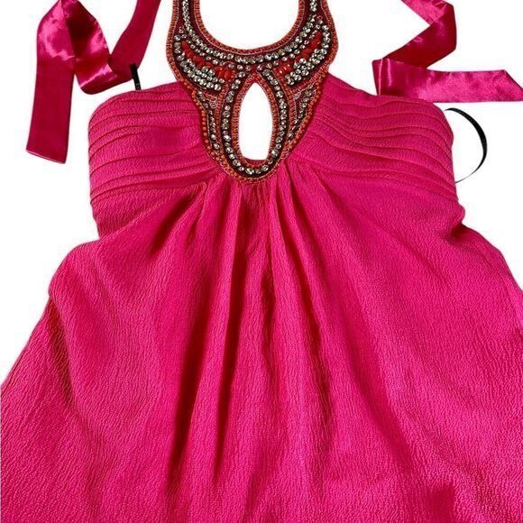Bebe XS Hot Pink halter top bling rhinestone/ beads silk fabric ties @ neck - Picture 5 of 8